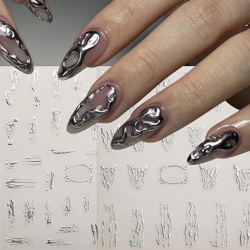 6 Sheets Lines Nail Art Stickers Decals Silver Stripe Line Nail Decals 3D Self-Adhesive Abstract Marble Wave Nail Design Holographic Irregular Line Nails Supplies Nail Accessories for Women Nail Decor