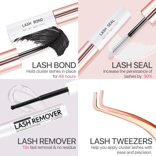 Fluffy Lash Extension Kit 280Pcs Thick Eyelash Extension Kit 80D 100D Mix 10-18mm Volume Cluster Lashes with Bond and Seal Tweezers Cluster Remover