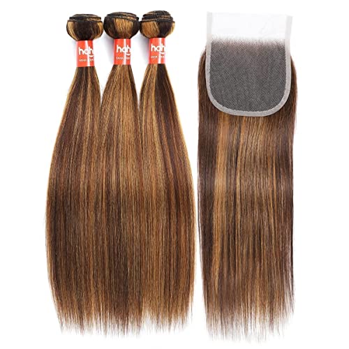 Haha P4/27 Honey Blonde Highlight Human Hair Bundles With Lace Closure 4x4 Brown Blonde Ombre Straight Bundles With Closure Colored Brazilian Raw Human Hair Weave Sew In Extensions 18 20 22+16 Inch