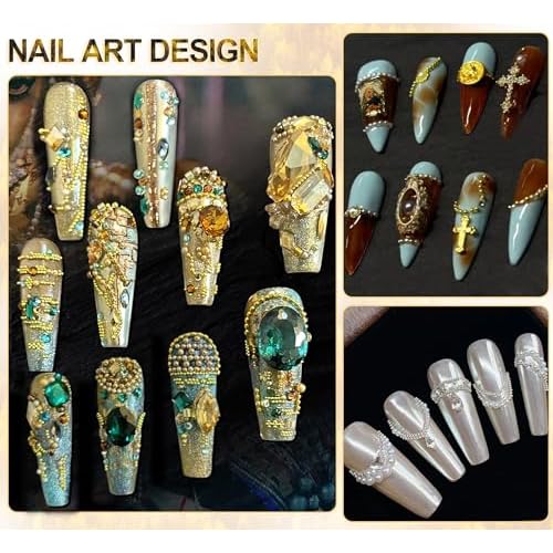 4390pcs Gold Nail Charms Caviar Beads for Nails, 2 Box Silver & Gold Beads for Nails and Flatback Pearls for Nail Art Supplies, Chloe Golden Caviar Chain for Nail Decals Jewelry Accessories