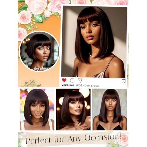 Bob Wig Human Hair with Bangs 210% Density Dark Brown Bob Wig for Black Women 100% Human Hair Pre-Bleached Glueless Straight Wigs 14inch£¨Dark Brown£©