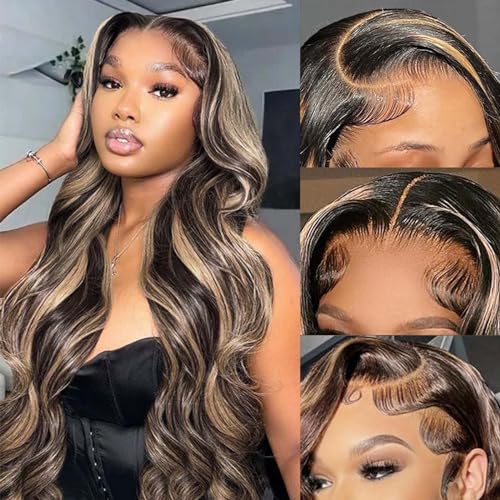 13x4 Lace Front Wig Human Hair Pre Plucked Ombre Lace Front Wig Human Hair 180% Density 1B/27 Highlight Wig Human Hair 32 Inch Body Wave HD Lace Frontal Wigs Glueless Wigs for Black Women