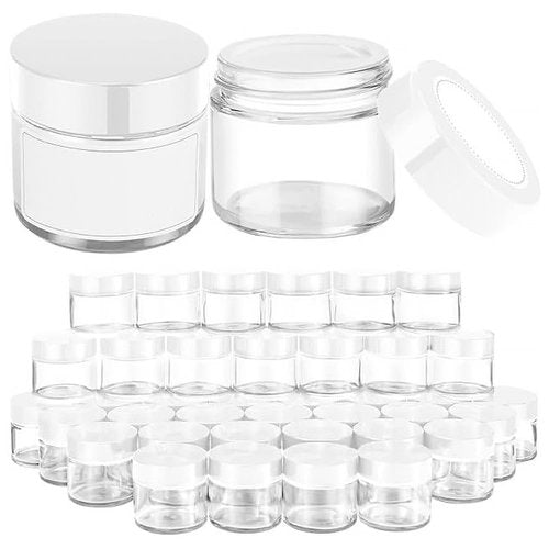 Bumobum 2 oz Glass Jars with Lids, 48 pack Clear Round Small Containers with White Lids, Blank Labels & Inner Liners, Empty Cosmetic Containers for Sample, Powder, Cream, Lotion