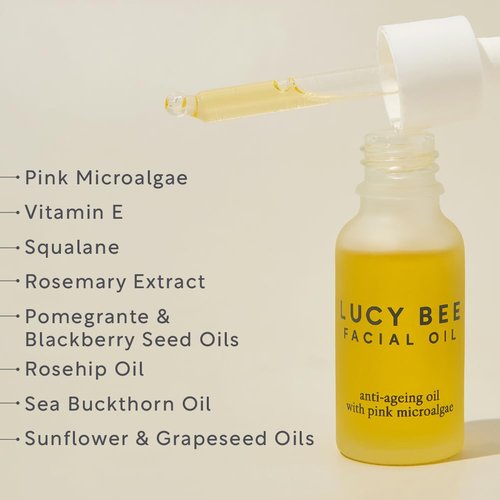 Lucy Bee Face Oil, Certified Organic, Antioxidant Rich Facial Oil, Pink Microalgae, Vitamin E & Squalane, Lightweight & Luxurious, Dermatologist Approved, Cruelty Free & Vegan, 0.6fl oz