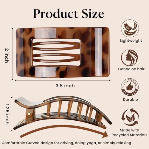 4 PCS Flat Hair Clips for Women - Stylish French Lay Down Flat Claw Clips for Thick Thin Hair, Comfortable Curved Large Flat Clips, Leopard Print Non-Slip Strong Hold Hair Accessories, Tortoise