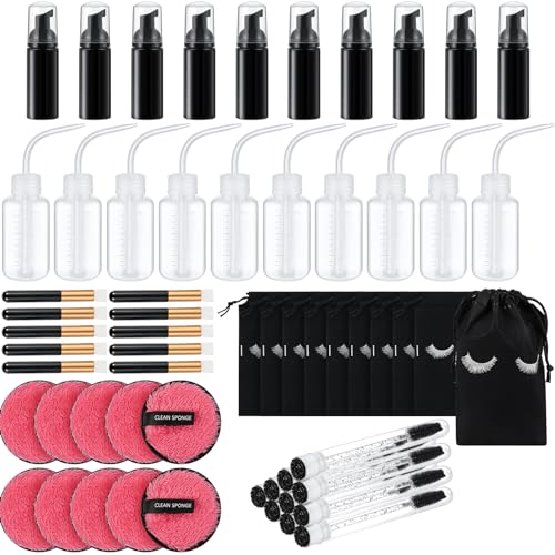 60 Pcs Lash Shampoo Brushes Set 10 Lash Shampoo Brushes 10 Mascara Tubes and Wands 10 Foam Pump Bottle 10 Cleaning Rinse Bottles 10 Makeup Remover Pad 10 Aftercare Drawstring Bag(Black)