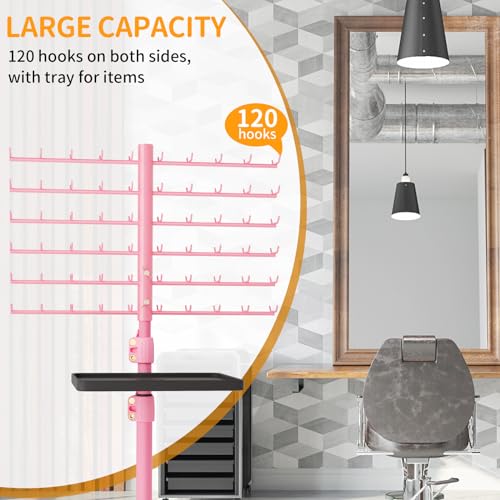 [Metal] 120-Peg Braiding Hair Rack Standing, with Tray Hair Extension Holder Hanger, Hair Divider Rack for Braiding Hair Separator Stand, Hair Braiding Rack Display Stand Hairstylist Braiders, Pink