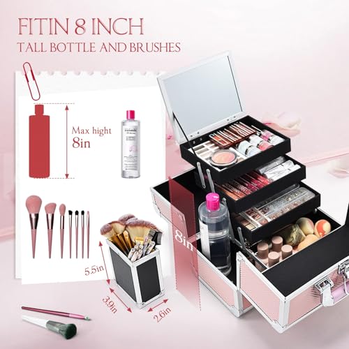 Joligrace Makeup Train Case Cosmetic Box 11.8 Inches Jewelry Organizer Professional 3 Tiers Trays with Mirror and Brush Holder Lockable Key Portable Travel Mermaid Pink