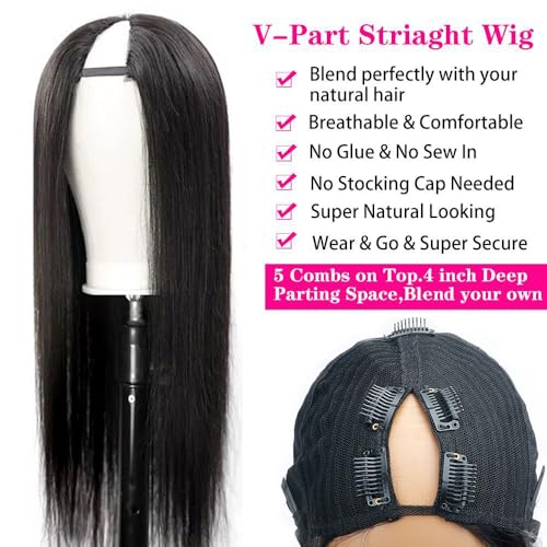 CHEETAHBEAUTY V Part Wigs Human Hair 26 Inch No Leave Out Lace Front Wigs Upgrade U Part Wigs Brazilian Virgin Straight Human Hair Wigs for Women 180% Density Natural Color