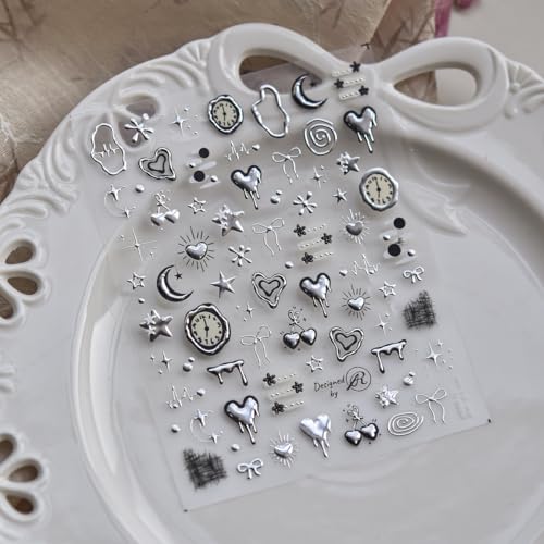 Silver Nail Art Stickers Heart Star Nail Decals with Metal Design 5D Embossed Self Adhesive Clock Nails Stickers Charms Supply for Women Girls Kid Manicure DIY Decorations