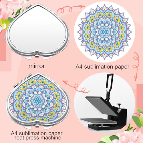 Jetec 6 Pcs Sublimation Blanks Products Small Compact Mirror Bulk Heat Transfer Folding Pocket Makeup Mirror Heart Round Double Sided Handheld Mirror Sublimation Mirror for Women Gift Purse Travel