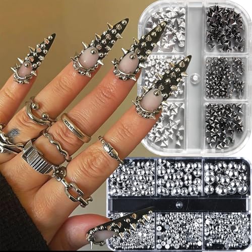 3D Mini Metal Punk Nail Art Studs Mixed Sizes Gold Black Cone Spikes Alloy Rivets Jewelry Steel Balls Jewels for Women Goth Manicure Charms Accessories DIY Crafts Decorations