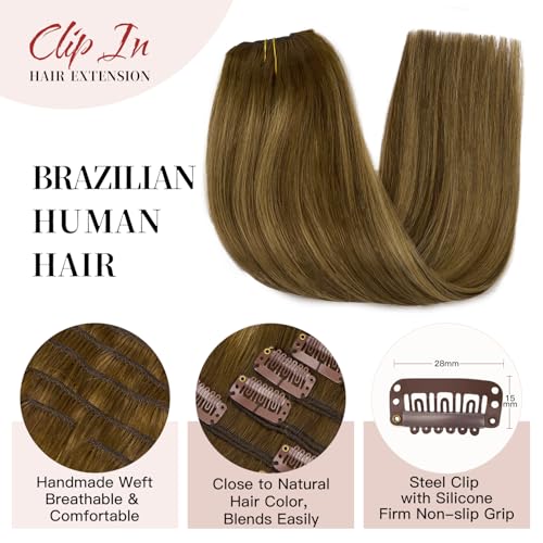 LOVELINE Clip in Hair Extensions Real Human Hair, 100% Remy Human Hair Extensions Clip Ins for Women, 7Pcs 22Inch 120g, Balayage Chocolate Brown to Caramel Blonde