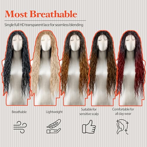 Micro Boho Indian Ripple Deep Wave Box Braided Wig - Knotless Braided Wigs for Black Women - Curly Hair Wig with Natural Baby Hair - Full Lace 360 Wig (#T42730 Highlight Mix, 32¡±)