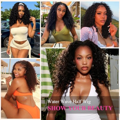 Half Wig Human Hair 20 Inch Water Wave Half Wig 3 in 1 Glueless Wigs 200 Density Wear and Go Wigs Seamless Flip Over with Drawstring Beginner Friendly Curly Wig Headband Wig for Women
