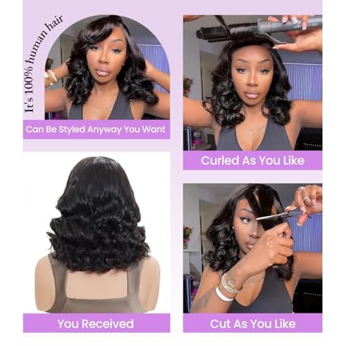 Bouncy Loose Wave Wig Human Hair Wigs for Black Women Glueless Wig Human Hair Pre Plucked Pre Cut 6X5 Loose Body Wave Lace Front Short Bob Wig Ready to Wear Wigs Glueless Human Hair