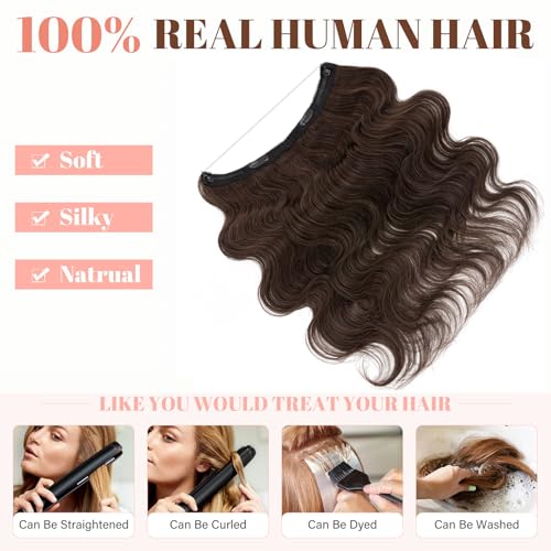 Rich Choices Halo Hair Extensions Real Human Hair Remy Hairs Halo Extension for Women Invisible Wire One Piece Clip in Hairpiece 20 Inch Wavy-#2R Dark Brown