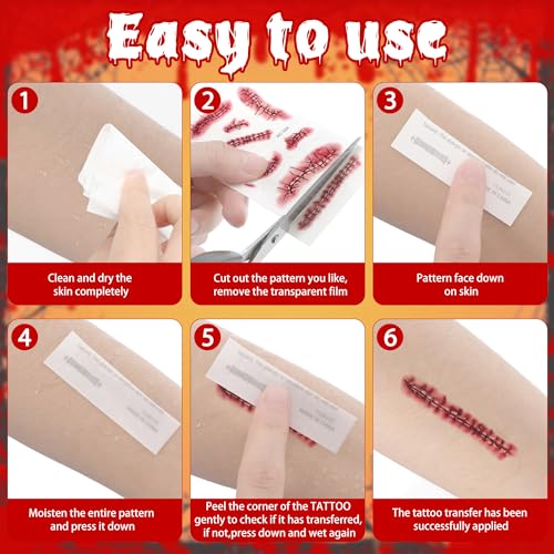 Halloween Decorations, 32PCS Halloween Tattoos Stickers, Scary Zombie Makeup, Relistic Fake Scars Wounds, Body Fake Blood Tattoos for Women Party Favors for Chucky Cosume Cosplay Sticker