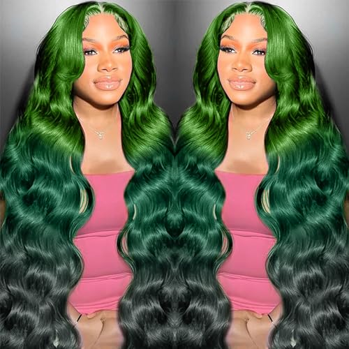 13x4 Ombre Green Lace Front Wig Human Hair Body Wave Glueless HD Lace Front Wigs 3 Tone Light Green to Dark Green Colored for Fashion Women 180% Density 22 Inch