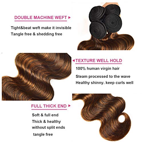 UNice Ombre Brown Highlight Body Wave Human Hair Weave 1 bundle 28 inch, Brazilian Remy Hair Dark Root Blonde Human Hair Weaves Extension Piano Color TFB30