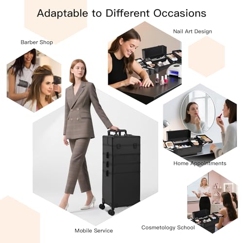 Professional Rolling Makeup Case, Cosmetology Case on Wheels 4 in 1 Large Cosmetic Train Case, Ideal Gift for Hairstylist, Nail Techs, Portable Beauty Organizer for Travel or Salon Use,Black