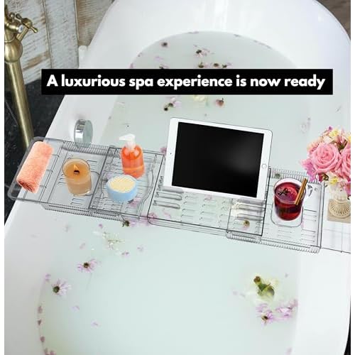 Expandable Bathtub Tray for Tub, Clear & Easy Maintenance Acrylic Material, Bath Organizer for Relaxing Spa, Fits Most Bathtubs and Bathroom D?cor Style, Bath Tub Caddy Tray for Women