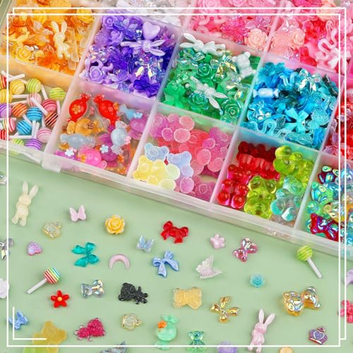 3D Resin Nail Charms Mix Rabbit Flower Bear Bowknot Nail Accessories Gummy Star Heart Lollipop Acrylic Hollow Heart Beads for Women's Manicure Making DIY Crafts(18 Charms)
