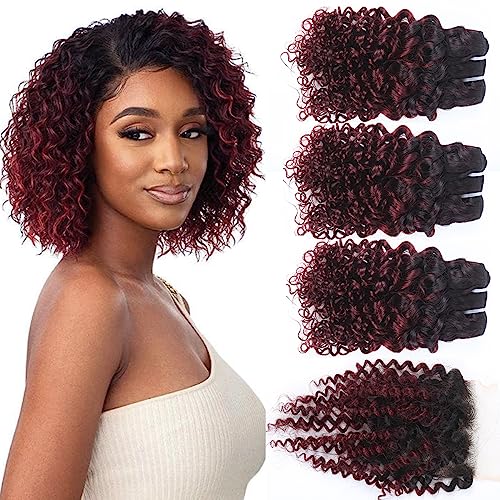 1b/99j Curly Human Hair Bundles and Closure(10 10 10+10) Kinky Curly Bundles Human Hair Brazilian Virgin Ombre 99j Burgundy Red Human Hair 3 Bundles with 4x4 Closure 50 Gram/Bundle