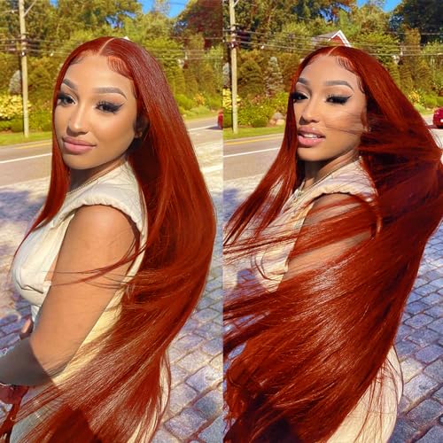 Reddish Brown Lace Front Wigs Human Hair 28 Inch Straight Auburn Brown Lace Wig Human Hair Colored Wigs Pre Plucked Glueless 13x4 HD Transparent Lace Full Fontal Human Hair Wig for Women 180 Density