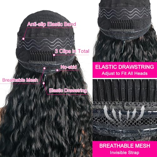 Hidden Strap Deep Wave 5x5 HD Lace Closure Wigs Human Hair Invisible Strap Bleached Konts Glueless Wigs Human Hair Pre Plucked Pre Cut 180% Denisty Deep Wave Closure Wigs with Drawstring 24 inch