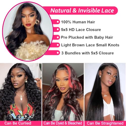 Body Wave Human Hair Bundles with Closure (22 24 26+18) 5x5 HD Closure with Bundles Human Hair 3 Weave Bundles with Closure Brazilian 100% Unprocessed Virgin Weft Hair Free Part