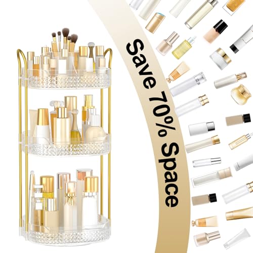 Rotating Makeup Organizer for Vanity 3 Tier, Perfume Organizer with Makeup Brush Holder, Large Capacity Cosmetics Clear Skincare Organizer for Countertop (Transparent)