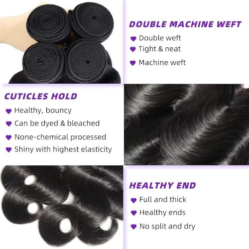 Body Wave Bundles Human Hair 14 16 18 20 Inch Human Hair Bundles 100% Unprocessed Brazilian Virgin Quick Weave 4 Bundle Human Hair Extensions for Black Women Natural Color
