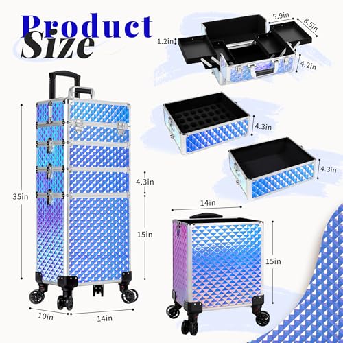 AROUS Rolling Makeup Train Case 4 in 1 Cosmetology Case on Wheels Large Storage Cosmetic Trolley with Key Salon Barber Case Traveling Cart Trunk, Colorful