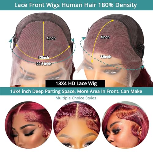 Allove 99j Burgundy Lace Front Wigs Human Hair Pre Plucked 180% Density 26inch Body Wave Lace Front Wigs Human Hair with Baby Hair 13x4 Glueless HD Transparent Frontal Human Hair Wigs For Women