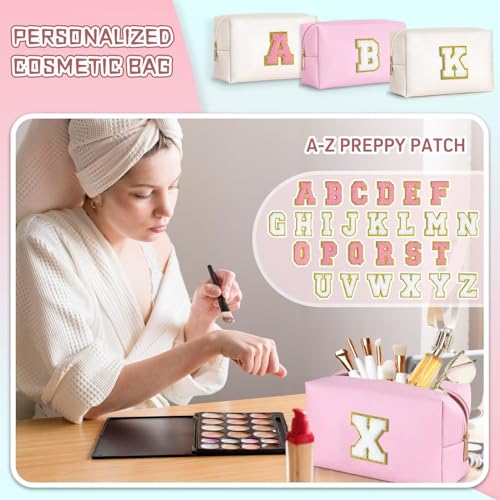 TOPEAST Initial Makeup Bag, Birthday Gifts for 4 5 6 7 8 9 10 11 12 Year Old Teen Girls, Personalized Preppy Cosmetic Bag | Leather Toiletry Bag (Pink A)