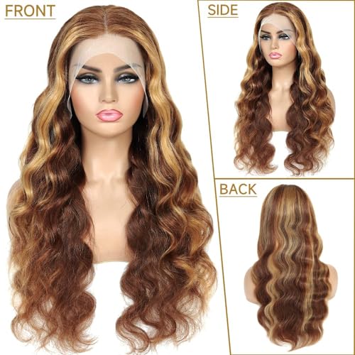26 Inch 180% Density Ombre Lace Front Wig Human Hair 13x4 HD Transparent Body Wave Lace Front Wigs Human Hair 4/27 Colored Honey Blonde Lace Front Wig Human Hair Highlight Glueless Wigs