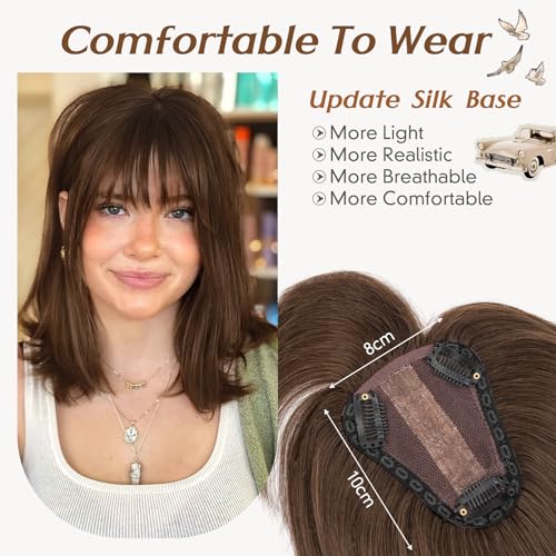 Rich Choices Real Human Hair Toppers for Women 3D Cover Clip in Bangs 100% Remy Human Clip in Silk Base Hair Topper with Bang for Thinning 150% Density 14 Inch #2R Chocolate Brown