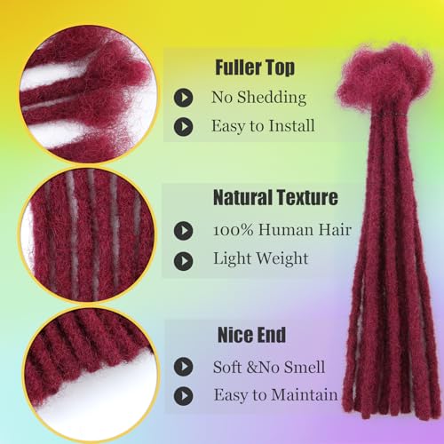 12 Inch Wine Red Dreadlock Extensions Human Hair Loc 60 Strands 0.6cm Real Human Hair Dread Extensions for Men BUG#