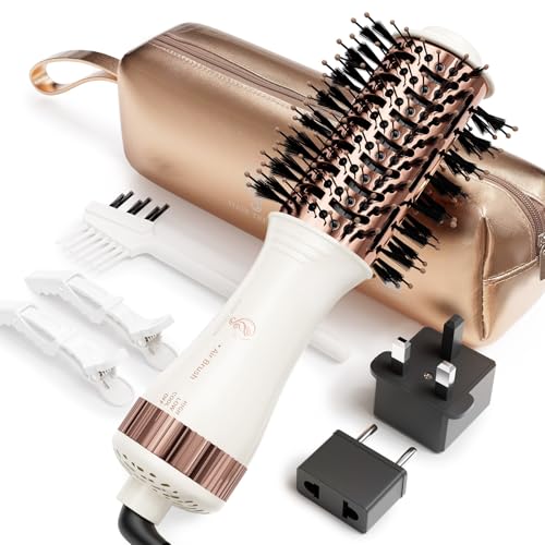 Travel Blow Dryer Brush in one, Dual Voltage Mini Hot Air Brush, Hair Trends Nano Titanium 2 Inch One Step Hair Dryer and Styler Volumizer Oval Shape
