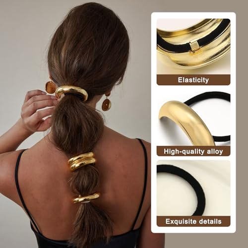 YONOY 6Pcs Gold Hair Ties,Metal Hair Ties for Thick Hair,Damage Ponytail Holders,6 Styles Hair Accessories for Women