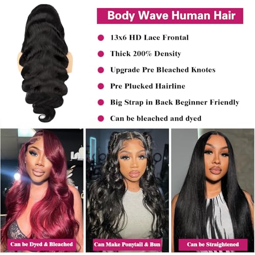 Body Wave Lace Front Wigs Human Hair 200 Density 12a Grade 100% Virgin Human Hair Wigs for Black Women 13x6 Hd Transparent Lace Pre Plucked Natural Black 34 Inch