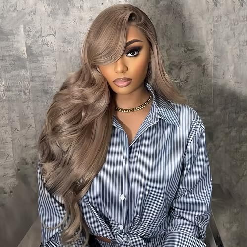 Mocha Brown Blonde 13¡¿4 HD Lace Front Wig Human Hair 180% Density Body Wave Ash Lace Wig Pre Plucked Real Ultra Full Brazilian Virgin Hair Milk Tea Colored Wig for Women 26Inch