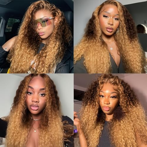 250% Density 13x6 Highlight Ombre Lace Front Wig Human Hair 13x6 HD Honey Blonde 4/27 Curly Wig Human Hair Pre Plucked For Black Woman Deep Wave Lace Front Wigs Human Hair Colored Wigs 22Inch New