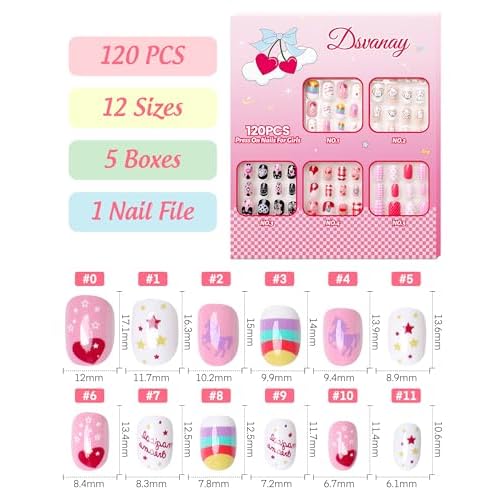 120PCS 5 Pack Press on Nails for Kids,Tweens Girls Soft Fake Nail Kit, Reusable Creative Design kids Nails, Full Cover Glitter Stick on Nails Girl Nails for Kids Ages 8-12