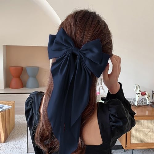 Hair Bows for Women Girls - Silky Satin Bow Hair Clip with Long Tail Ribbons - Elegant Hair Accessories (Navy Blue,1Pcs)