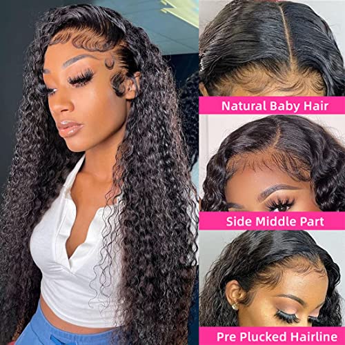 Deep Wave Bundles with Closure Human Hair (20 22 24+18 Closure) 4x4 Curly Lace Closure with Baby Hair Natural Color Pre Plucked 3 Bundles and Closure 100% Unprocessed Brazilian Virgin Remy Hair