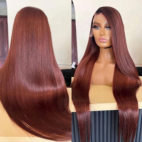 Reddish Brown Lace Front Wigs Human Hair 28 Inch Straight Auburn Brown Lace Wig Human Hair Colored Wigs Pre Plucked Glueless 13x4 HD Transparent Lace Full Fontal Human Hair Wig for Women 180 Density
