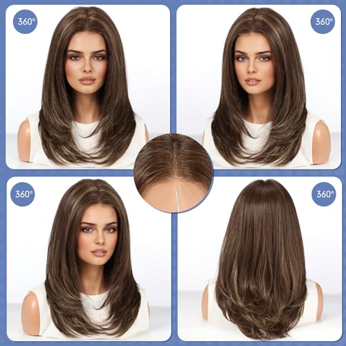 HAIRCUBE Human Hair Wig Lace Front Wig Glueless Wigs Layered Shoulder-Length HairWigs for Women, Brown with Blonde Highlights, Human Hair Blend, 13"¡¿5"¡¿1" HD Lace, 18 Inch Daily Use