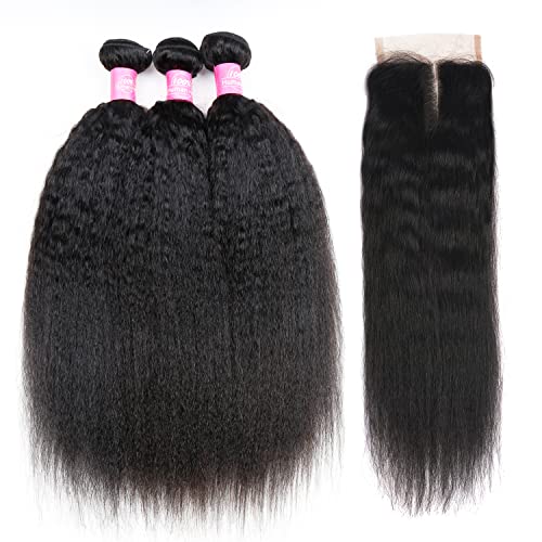 Kinky Straight Bundles with Closure 10A Kinky Straight Human Hair 3 Bundles with 4x4 Lace Closure Unprocessed Brazilian Virgin Human Hair Weave Extensions Natural Color (18 20 22+16 closure)